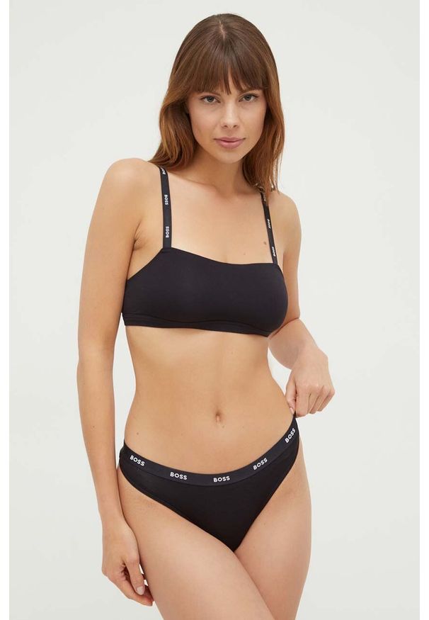 BOSS biustonosz kolor czarny gładki. Kolor: czarny. Materiał: materiał, wiskoza. Rodzaj stanika: odpinane ramiączka. Wzór: gładki