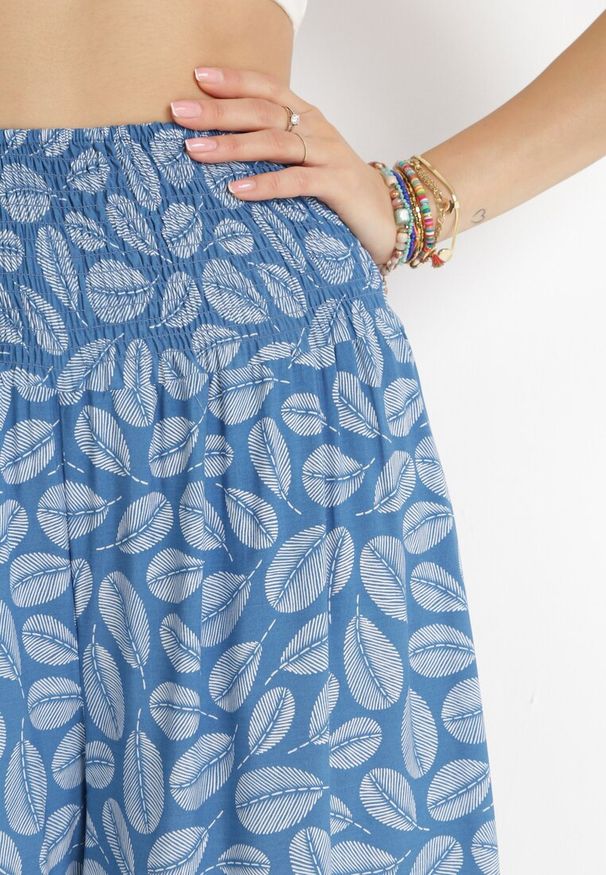 Born2be - Niebieskie Spodnie z Bawełny Kuloty z Gumką w Pasie Karemisia. Kolor: niebieski. Materiał: bawełna. Wzór: aplikacja. Sezon: lato