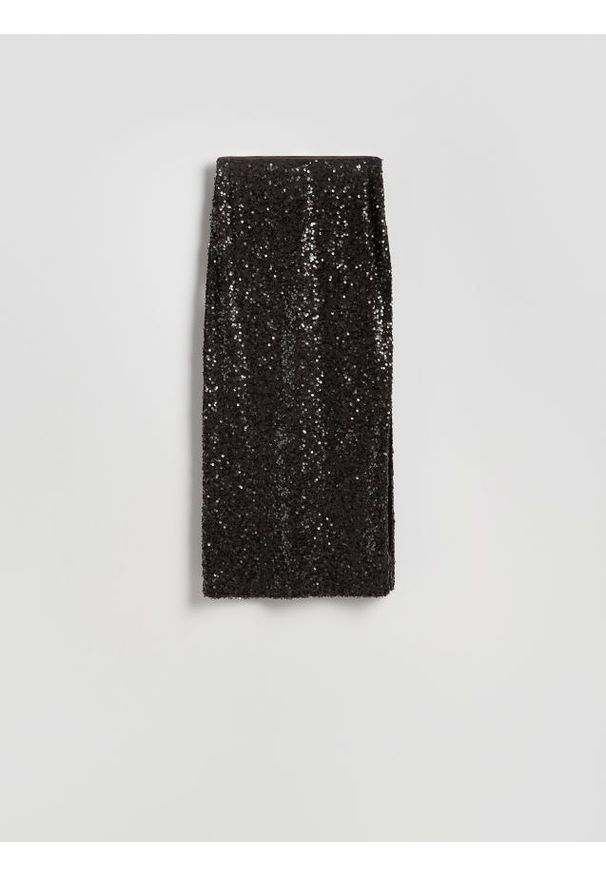 Reserved - Cekinowa spódnica midi - ciemnobrązowy. Kolor: brązowy. Materiał: dzianina