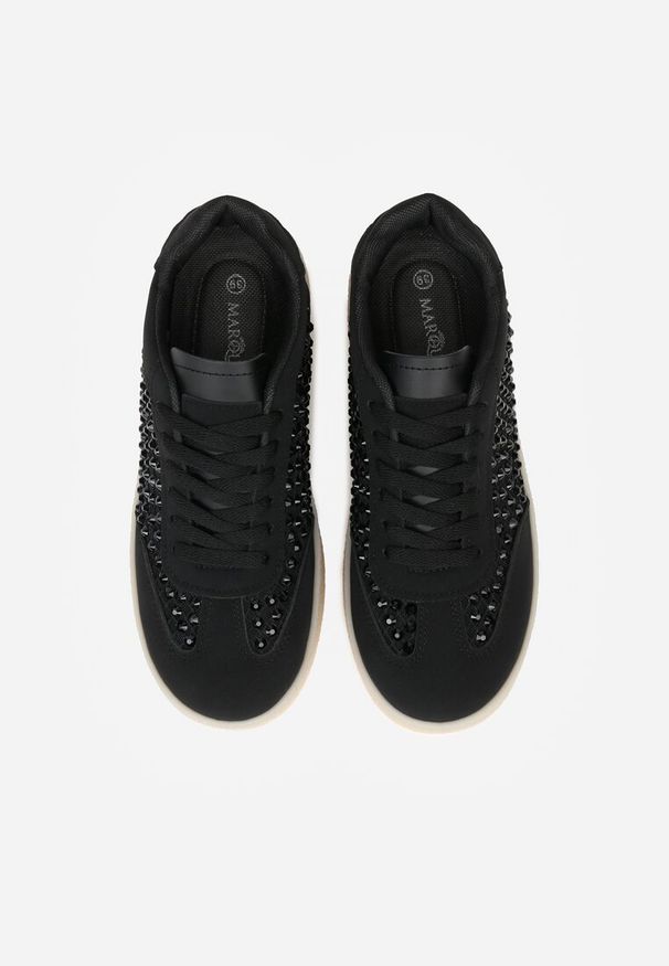Born2be - Czarne Sneakersy na Grubej Podeszwie Ozdobione Cyrkoniami Orinrya. Okazja: na co dzień. Kolor: czarny. Materiał: skóra, jeans. Wzór: aplikacja