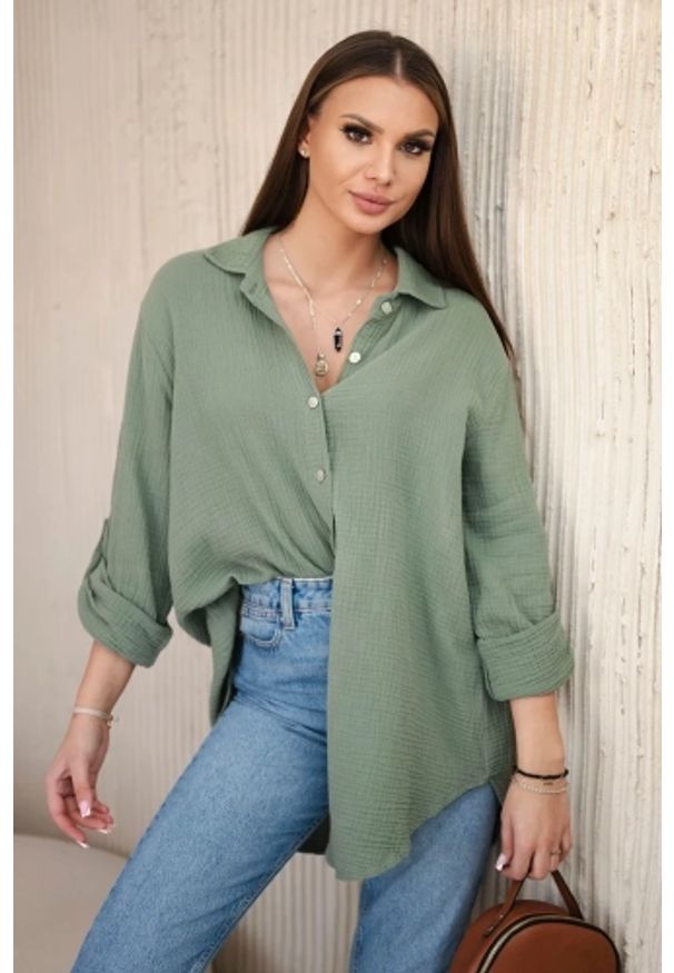 Kesi Włoski - Koszula bawełniana muślinowa oversize khaki. Okazja: na co dzień. Kolor: brązowy. Materiał: bawełna. Styl: klasyczny, elegancki, casual
