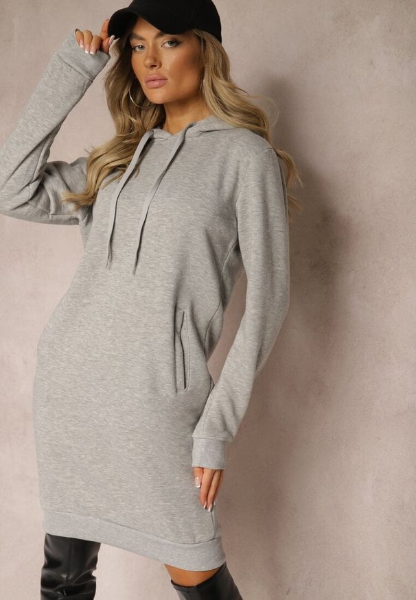 Renee - Jasnoszara Bluza Tunika z Dodatkiem Bawełny Wykończona Sznurkami i Kapturem Mivithia. Okazja: na co dzień, na spacer. Typ kołnierza: dekolt w kształcie V, kaptur. Kolor: szary. Materiał: bawełna. Sezon: lato, wiosna. Styl: elegancki, casual