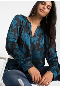 bonprix - Bluzka tunikowa z lekkiej krepy. Kolor: czarny. Wzór: nadruk #3