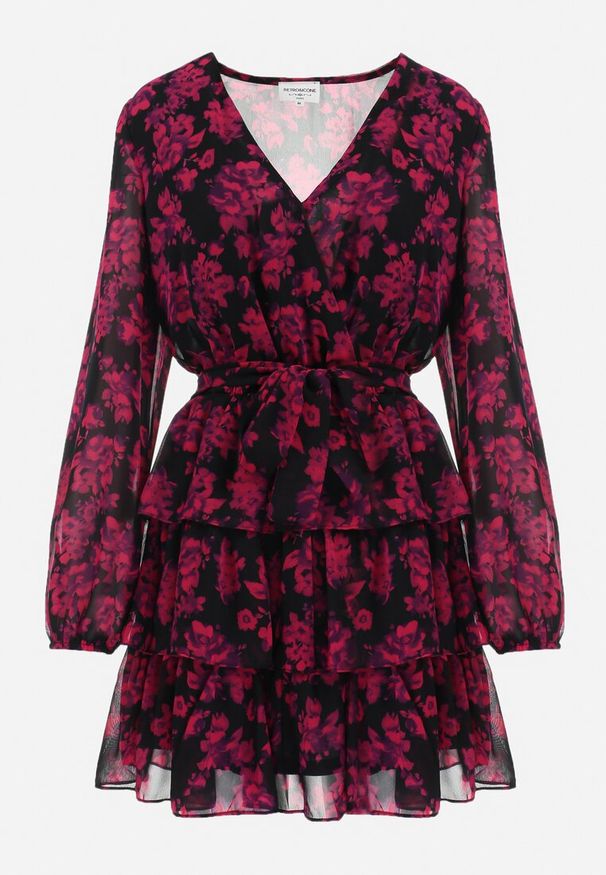 Born2be - Różowa Rozkloszowana Mini Sukienka w Kwiaty z Trójkątnym Dekoltem i Falbankami Cehamla. Typ kołnierza: kołnierz z falbankami. Kolor: różowy. Materiał: materiał. Wzór: kwiaty. Typ sukienki: kopertowe. Długość: mini