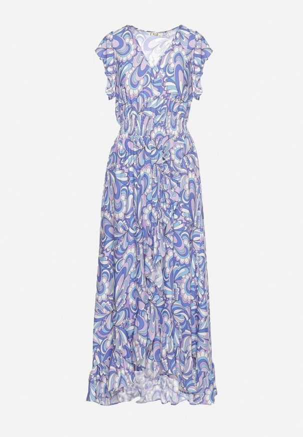 Born2be - Niebieska Asymetryczna Sukienka z Gumką w Pasie z Falbankami z Wiskozy Venimra. Typ kołnierza: kołnierz z falbankami. Kolor: niebieski. Materiał: wiskoza. Typ sukienki: asymetryczne