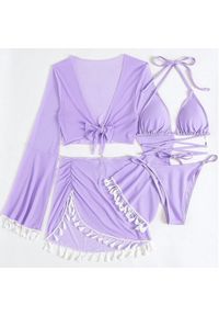 Intica - Komplet bikini z pareo i wielofunkcyjnym topem na plażę Maili. Kolor: fioletowy. Materiał: materiał. Wzór: aplikacja