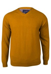 Sweter Musztardowy w Serek (V-neck), Męski, Klasyczny, Elegancki -Adriano Guinari. Okazja: do pracy, na spotkanie biznesowe, na co dzień. Typ kołnierza: dekolt w serek. Kolor: wielokolorowy, złoty, żółty. Materiał: bawełna. Styl: klasyczny, elegancki #1