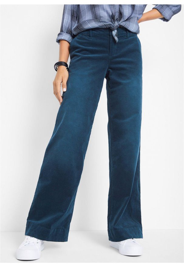 bonprix - Spodnie sztruksowe ze stretchem, wide leg. Kolor: niebieski. Materiał: sztruks