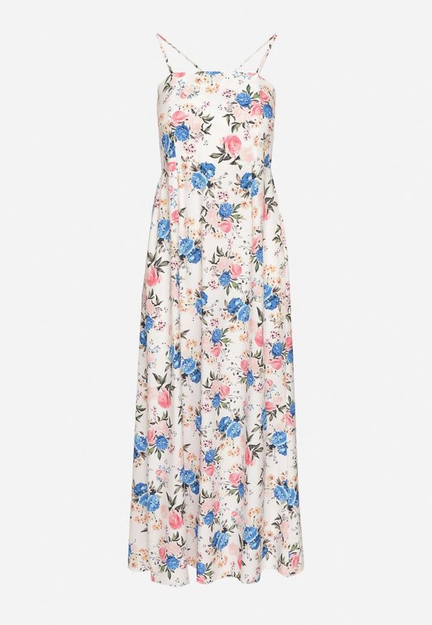 Born2be - Niebieska Sukienka z Wiskozą o Rozkloszowanym Kroju w Kwiaty Nalorene. Okazja: na co dzień. Typ kołnierza: dekolt kwadratowy. Kolor: niebieski. Materiał: wiskoza. Długość rękawa: na ramiączkach. Wzór: kwiaty. Typ sukienki: rozkloszowane. Styl: casual, elegancki