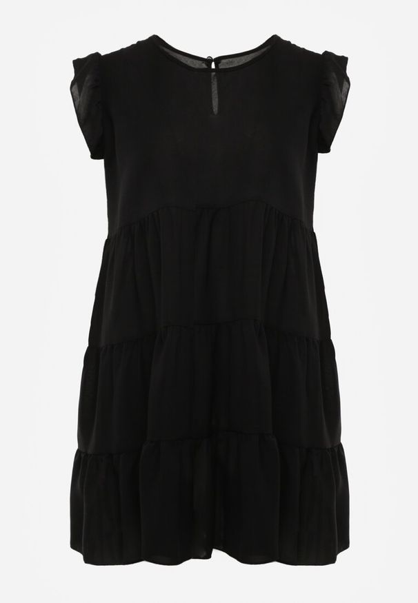 Renee - Czarna Sukienka z Krótkim Rękawem i Ozdobnymi Falbankami o Rozkloszowanym Kroju Vetesa. Okazja: na co dzień. Typ kołnierza: kołnierz z falbankami. Kolor: czarny. Materiał: jeans, wiskoza. Długość rękawa: krótki rękaw. Typ sukienki: proste. Styl: casual, klasyczny