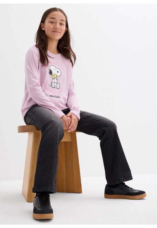 bonprix - Koszulka z długim rękawem z motywem Snoopy z czystej bawełny. Kolor: fioletowy. Materiał: bawełna. Długość rękawa: długi rękaw. Długość: długie