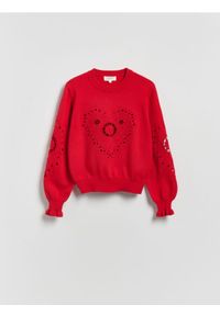 Reserved - Sweter z ażurowym motywem - czerwony. Kolor: czerwony. Materiał: bawełna, dzianina. Wzór: ażurowy #1