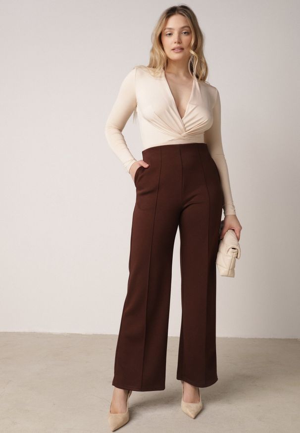 Born2be - Brązowe Eleganckie Spodnie z Bawełny i Wiskozy w Kant Valelia. Okazja: na co dzień, na spotkanie biznesowe, do pracy. Kolor: brązowy. Materiał: wiskoza, bawełna. Styl: elegancki