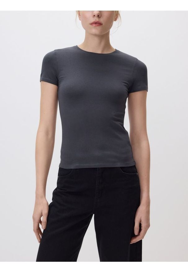 Reserved - T-shirt slim fit - ciemnoszary. Kolor: szary. Materiał: dzianina, bawełna