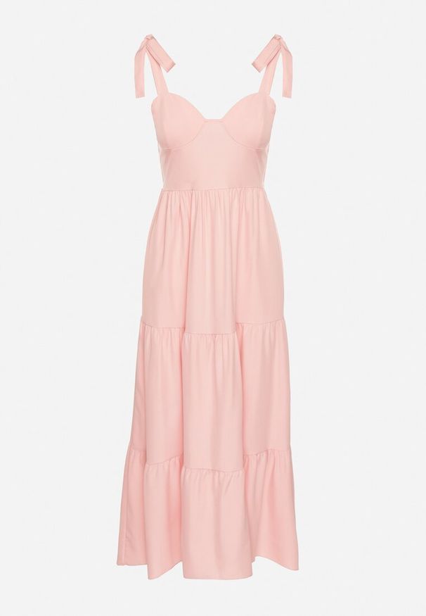 Born2be - Różowa Rozkloszowana Sukienka z Wiskozą Ozdobiona Wiązaniem na Ramiączkach Meravessa. Okazja: na spacer. Kolor: różowy. Materiał: wiskoza. Długość rękawa: na ramiączkach. Wzór: aplikacja