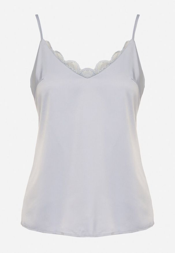 Born2be - Niebieska Bluzka na Ramiączkach z Delikatną Koronką i Wiązaniem Deseniela. Okazja: na co dzień. Typ kołnierza: dekolt w kształcie V. Kolor: niebieski. Materiał: koronka. Długość rękawa: na ramiączkach. Wzór: koronka. Styl: casual