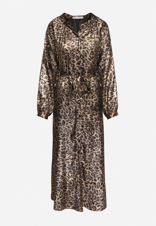 Born2be - Czarno-Złota Sukienka w Panterkę z Efektem Połysku i Wiązanym Paskiem Issadia. Okazja: na co dzień. Kolor: czarny. Materiał: skóra. Długość rękawa: długi rękaw. Wzór: motyw zwierzęcy. Styl: casual