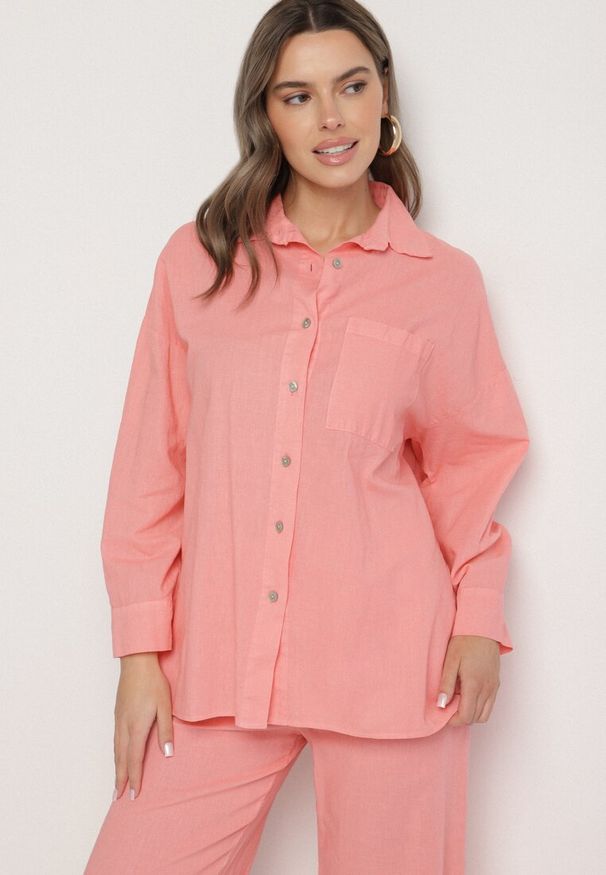 Born2be - Jasnoróżowy Komplet z Lnu i Bawełny Koszula i Szerokie Spodnie Fenelli. Kolor: różowy. Materiał: bawełna, len