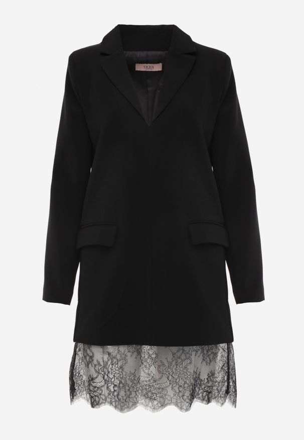 Renee - Czarna Sukienka-Marynarka VICES o Pudełkowym Kroju z Ozdobną Koronką Cheridine. Kolor: czarny. Materiał: koronka. Wzór: koronka. Styl: elegancki