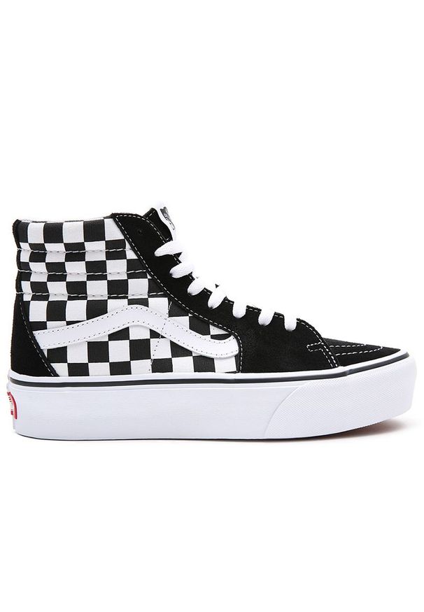 Buty Vans Sk8-Hi Platform 2.0 VN0A3TKNQXH1 - czarno-białe. Okazja: na co dzień. Zapięcie: pasek. Kolor: czarny, biały, wielokolorowy. Szerokość cholewki: normalna. Wzór: paski, haft. Wysokość cholewki: przed kolano. Materiał: guma, zamsz, materiał. Obcas: na platformie. Model: Vans SK8