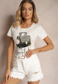 Renee - Biały T-shirt z Bawełny z Krótkim Rękawem Ozdobiony Nadrukiem z Cyrkoniami Laronea. Okazja: na co dzień. Kolor: biały. Materiał: bawełna. Długość rękawa: krótki rękaw. Długość: krótkie. Wzór: nadruk, aplikacja. Styl: casual, elegancki #1