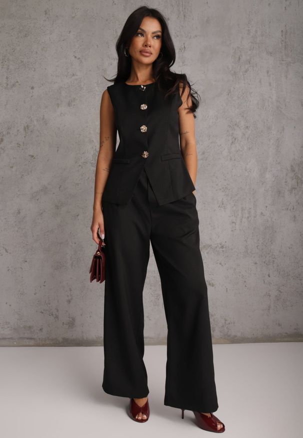 Renee - Czarny Komplet z Bawełną w Garniturowym Stylu Kamizelka i Spodnie Meloreida. Kolor: czarny. Materiał: bawełna. Wzór: gładki