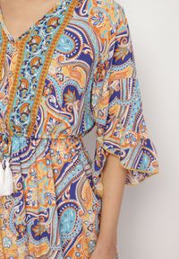 Born2be - Jasnoniebieska Sukienka z Bawełny z Frędzlami i Wzorem Boho Cleamora. Okazja: na co dzień. Typ kołnierza: dekolt w serek. Kolor: niebieski. Materiał: bawełna. Styl: boho #5