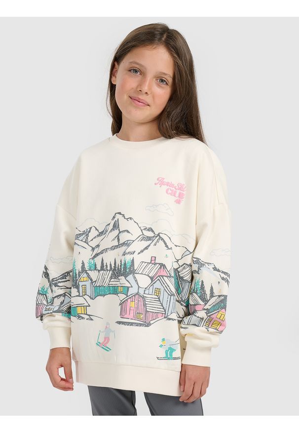 4f - 4F Bluza dresowa loose nierozpinana bez kaptura dziewczęca - biała 146/152 (10-12 lat). Okazja: na uczelnię, na co dzień. Typ kołnierza: bez kaptura. Kolor: biały. Materiał: dresówka. Wzór: nadruk. Sezon: lato. Styl: casual, sportowy