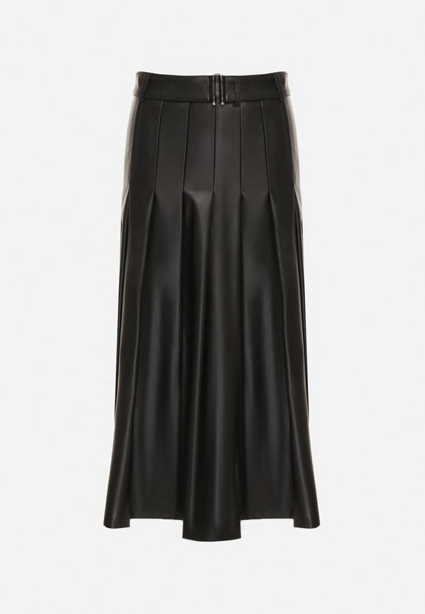 Born2be - Czarna Rozkloszowana Spódnica z Imitacji Skóry Zdobiona Plisami Tusbella. Okazja: na co dzień. Kolor: czarny. Materiał: skóra. Wzór: aplikacja. Styl: elegancki, casual