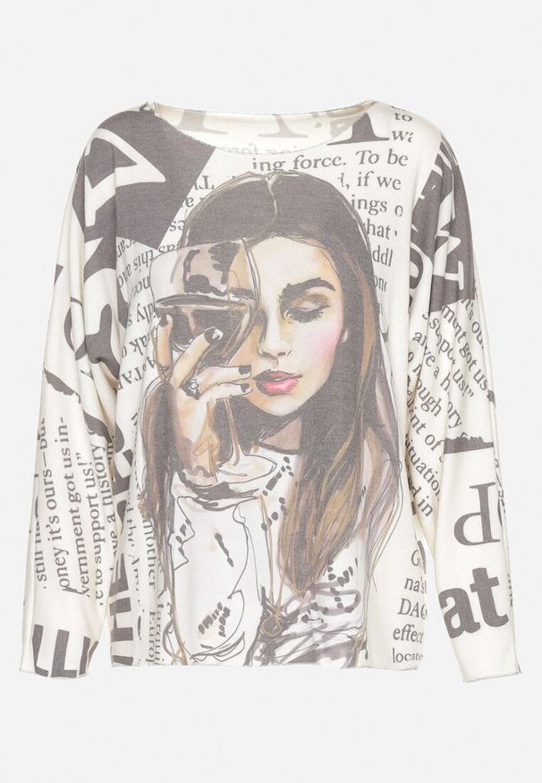 Born2be - Biała Bluzka z Rysunkowym Nadrukiem i Zdobiona Metaliczną Nitką Korivie. Okazja: na co dzień, do pracy, na spotkanie biznesowe. Kolor: biały. Materiał: jeans. Długość rękawa: długi rękaw. Długość: długie. Wzór: nadruk, aplikacja. Styl: casual, biznesowy