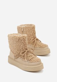 Born2be - Ciemnobeżowe Śniegowce Ozdobione Futerkiem w Stylu Baranka Allero. Okazja: na co dzień. Kolor: beżowy. Materiał: futro. Wzór: aplikacja. Styl: casual, klasyczny #6