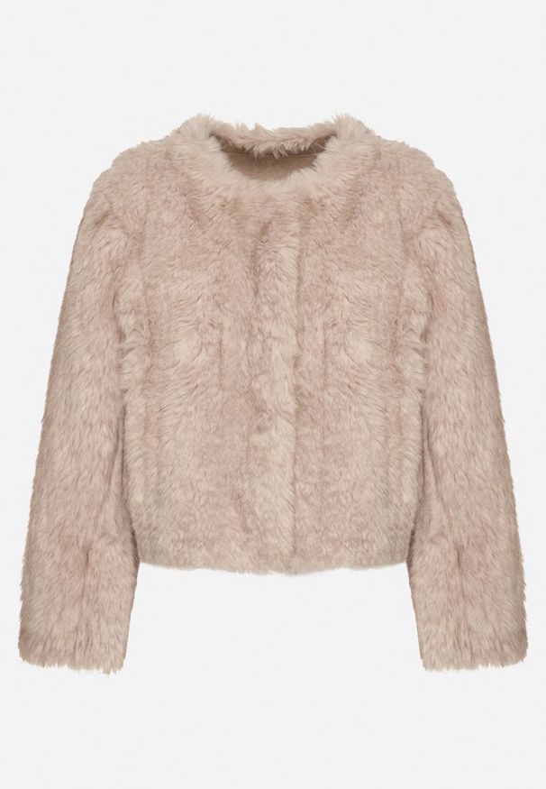 Born2be - Beżowa Futerkowa Kurtka o Prostym Kroju z Kieszeniami Awilise. Okazja: na studniówkę. Kolor: beżowy. Materiał: skóra. Długość: krótkie. Styl: klasyczny, wizytowy