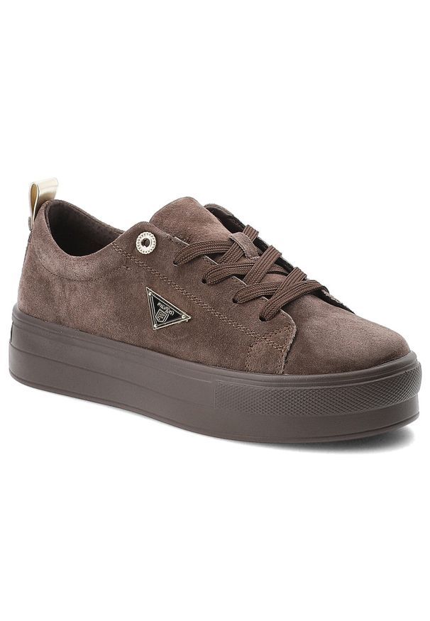 Sneakersy damskie Filippo, cholewka ze skóry naturalnej zamszowej klasyczne sznurowanie na masywnej platformie, brązowe, DP3533/26. Okazja: na co dzień. Zapięcie: sznurówki. Kolor: brązowy. Materiał: skóra, zamsz. Szerokość cholewki: normalna. Obcas: na platformie
