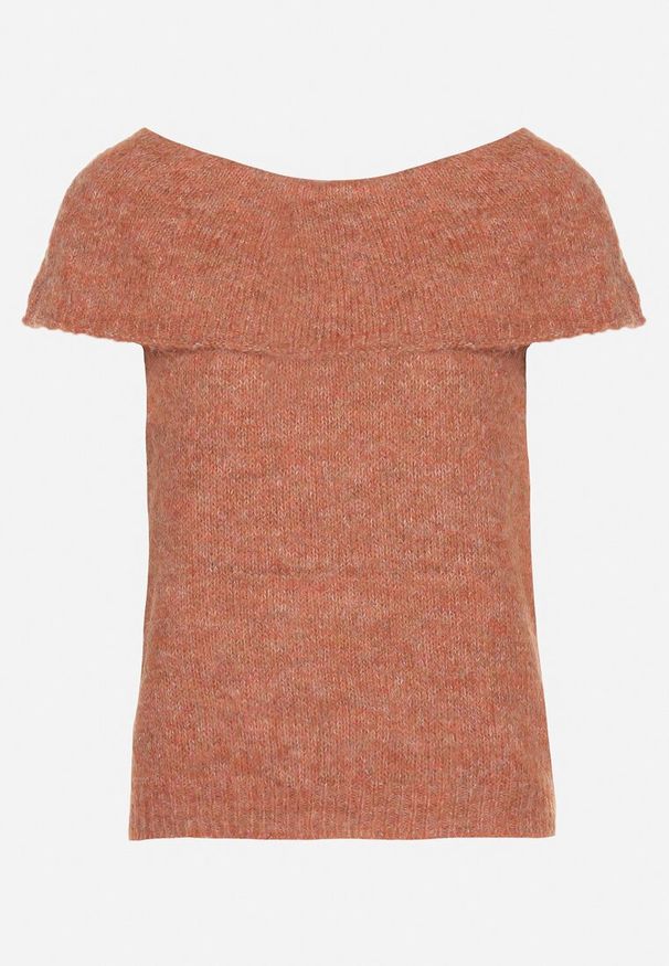 Born2be - Brązowa Dzianinowa Bluzka Top z Hiszpańskim Dekoltem z Wełną Inathiel. Okazja: na co dzień. Kolor: brązowy. Materiał: dzianina, wełna. Styl: elegancki, casual