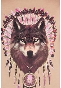 Guess - GUESS Brązowy damski t-shirt bawełniany z wilkiem, Rozmiar S. Kolor: brązowy. Materiał: bawełna. Wzór: nadruk #2