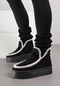 Renee - Czarne Śniegowce na Platformie Ozdobione Haftowanym Wzorem Naretusa. Okazja: na co dzień. Kolor: czarny. Materiał: skóra, jeans. Wzór: haft, aplikacja. Obcas: na platformie. Styl: casual #7