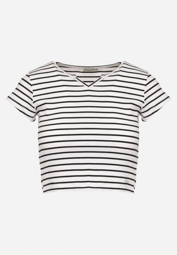 Born2be - Biało-Czarny Bawełniany T-shirt Koszulka z Krótkim Rękawem i Wycięciem przy Dekolcie Zolianara. Kolor: biały. Materiał: bawełna. Długość rękawa: krótki rękaw. Długość: krótkie. Sezon: lato