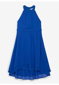 bonprix - Sukienka szyfonowa z dłuższym tyłem. Typ kołnierza: dekolt halter. Kolor: niebieski. Materiał: szyfon. Typ sukienki: asymetryczne. Styl: elegancki #1