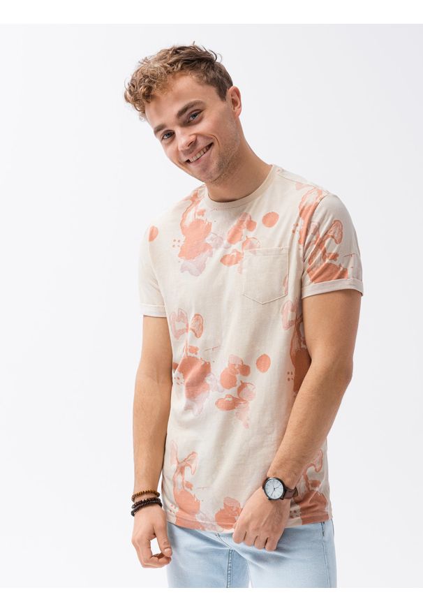 Ombre Clothing - T-shirt męski z nadrukiem S1377 - beżowy - XXL. Kolor: beżowy. Materiał: bawełna, poliester. Wzór: nadruk