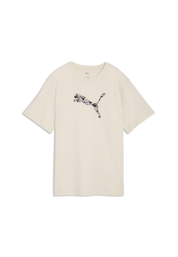 Puma - Damska luźna koszulka Essentials ze zwierzęcym nadrukiem PUMA. Kolor: beżowy, biały, wielokolorowy. Wzór: motyw zwierzęcy, nadruk