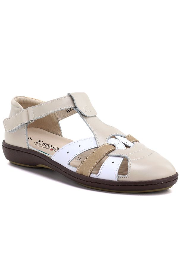 Skórzane sandały damskie zabudowane beżowe T.Sokolski L26-678. Kolor: beżowy. Materiał: skóra