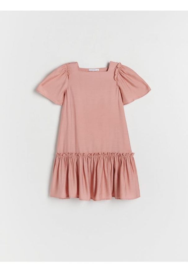 Reserved - Sukienka z falbanką - brzoskwiniowy. Kolor: pomarańczowy. Materiał: tkanina, wiskoza