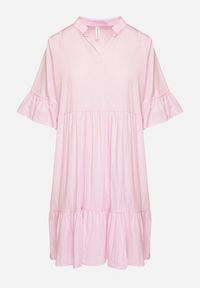 Born2be - Różowa Sukienka Rozkloszowana z Wiskozą Ozdobiona Falbanami Eviriane. Okazja: na co dzień. Typ kołnierza: dekolt w serek. Kolor: różowy. Materiał: wiskoza. Wzór: aplikacja. Typ sukienki: proste. Styl: casual #4