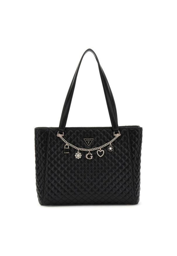 Guess - GUESS Czarna damska shopperka Everlee. Kolor: czarny. Dodatki: z breloczkiem. Materiał: skórzane