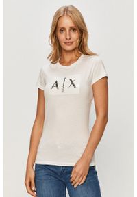 Armani Exchange - T-shirt. Okazja: na co dzień. Kolor: biały. Materiał: dzianina. Wzór: aplikacja. Styl: casual