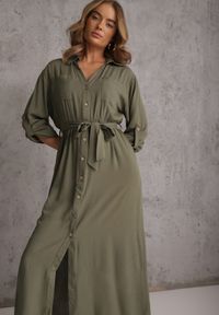 Renee - Zielona Koszulowa Sukienka z Bawełny z Wiązanym Paskiem i Podpinanymi Rękawami Cesela. Okazja: na co dzień. Kolor: zielony. Materiał: bawełna. Typ sukienki: koszulowe. Styl: boho, casual #1