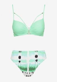 Born2be - Ciemnozielone Bikini Biustonosz Push-Up z Ozdobnymi Paskami i Majtki Typu Figi Kinrisa. Kolor: zielony. Wzór: aplikacja #3