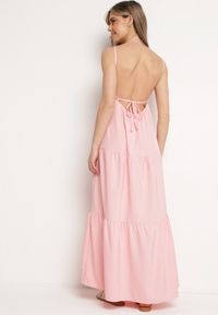 Born2be - Różowa Rozkloszowana Sukienka na Ramiączkach Zawiązywana z Tyłu z Elastyczną Gumką w Talii Grililena. Kolor: różowy. Długość rękawa: na ramiączkach #2