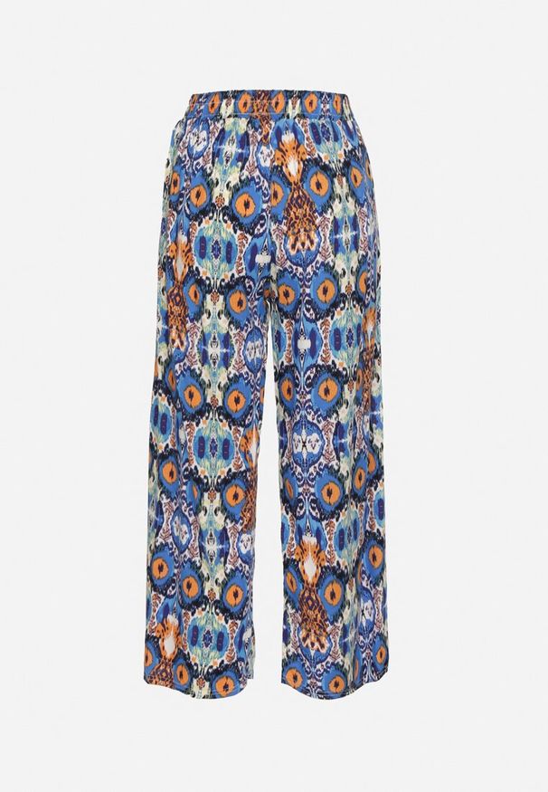 Born2be - Niebieskie Spodnie Szerokie z Bawełny w Etno Print Tolivenna. Okazja: na co dzień. Kolor: niebieski. Materiał: bawełna. Wzór: nadruk. Styl: etno