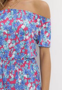 Born2be - Niebiesko-Czerwoni Kombinezon w Kwiaty z Hiszpańskim Dekoltem i Gumką w Talii Eleanodora. Kolor: niebieski. Długość: krótkie. Wzór: kwiaty. Sezon: lato #2